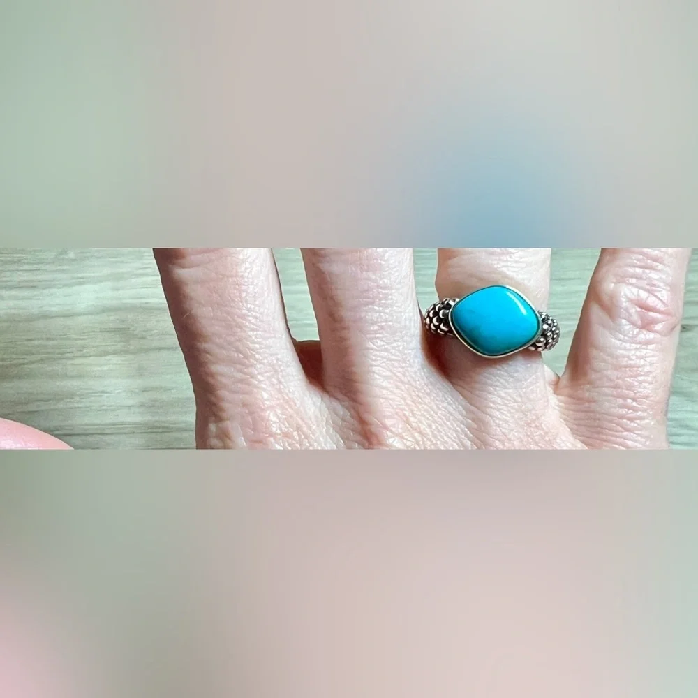 Vintage Designer Sterling Silver Pebbled Caviar Pointed Turquoise Ring, Size 6